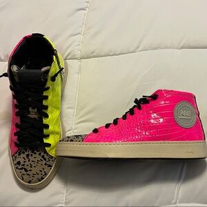 P448 Neon Pink and Yellow High-Top Sneakers